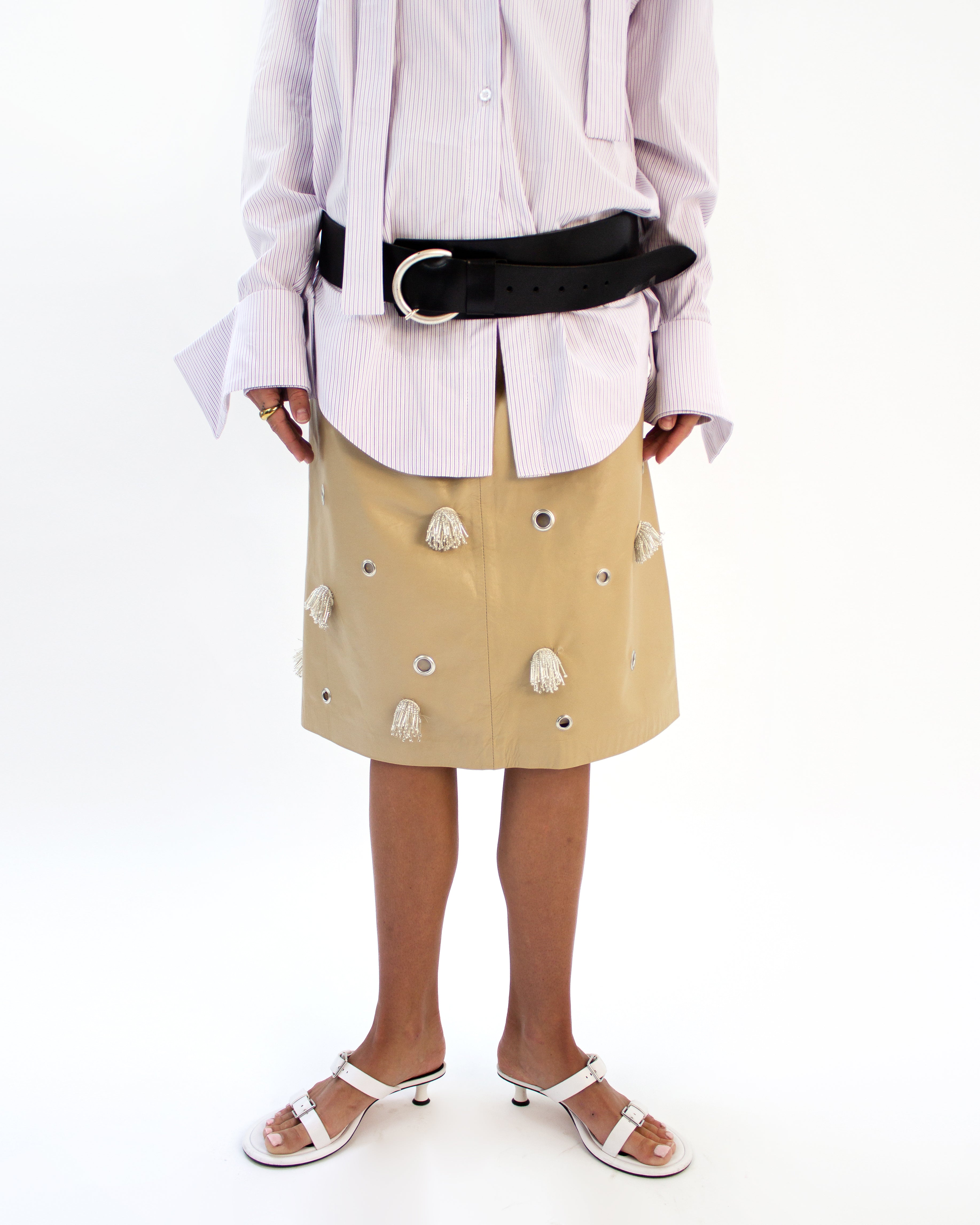 Beige embellished leather skirt