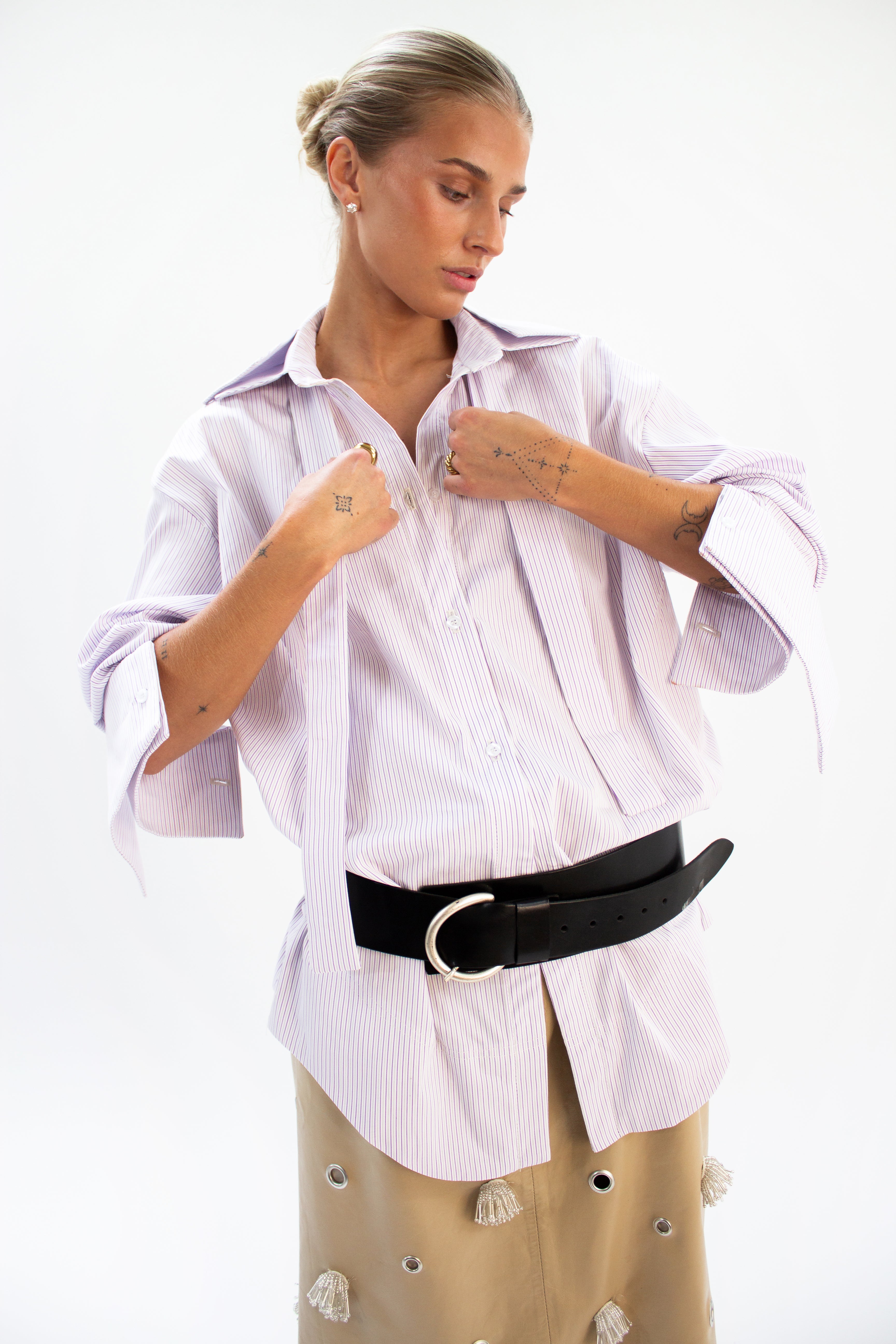 Deconstructed purple stripe shirt