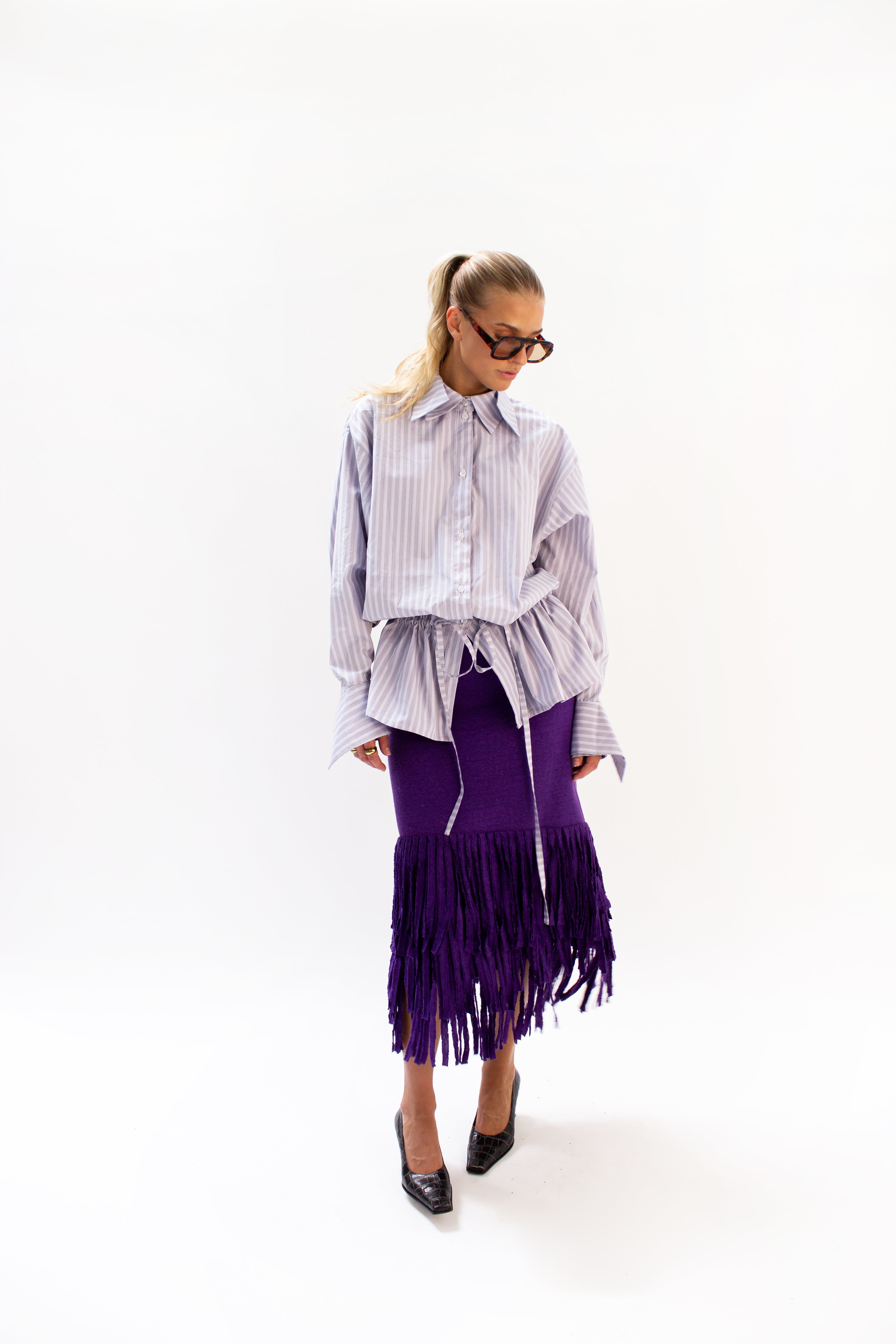 Purple stripe drawstring shirt