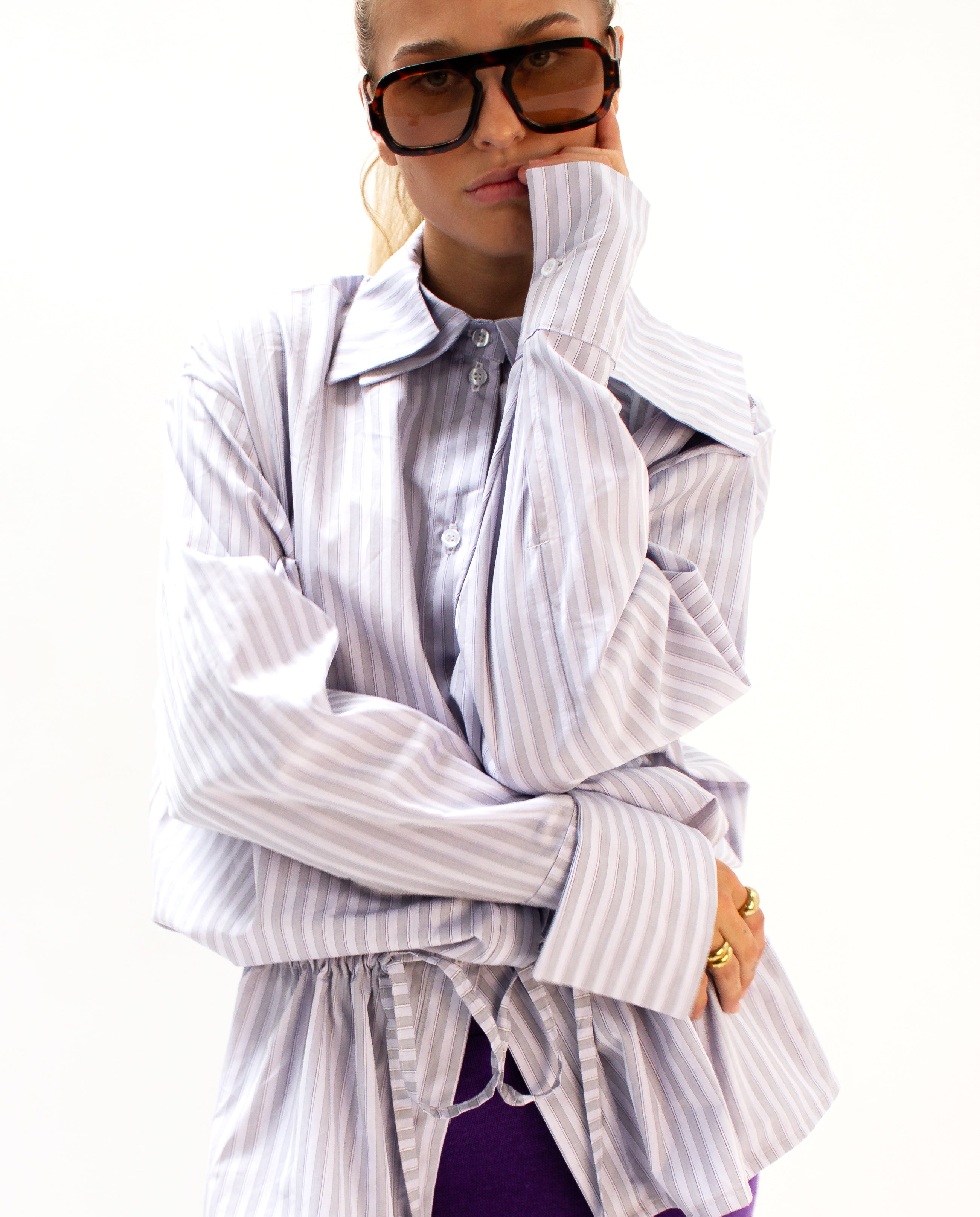 Purple stripe drawstring shirt