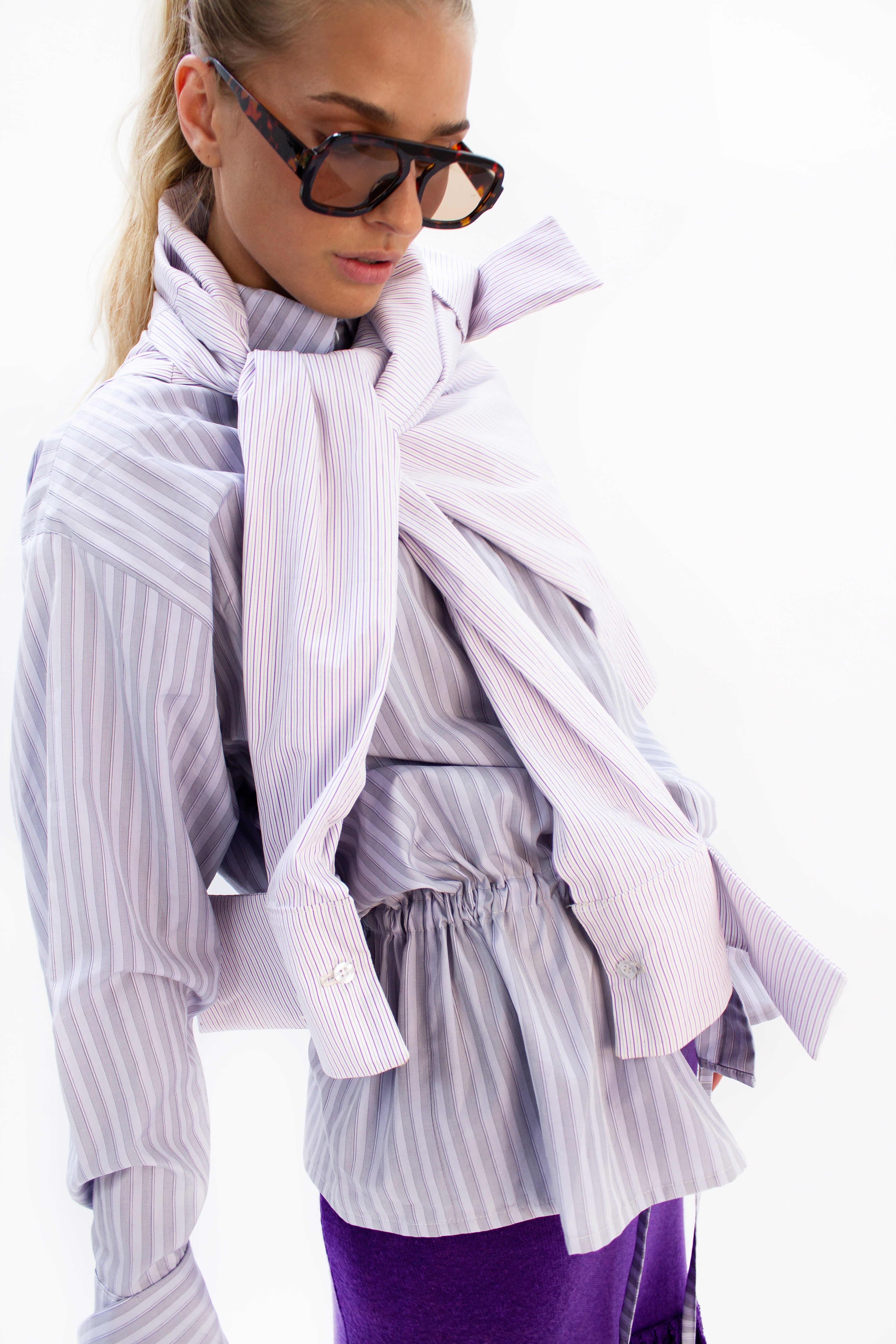 Purple stripe drawstring shirt