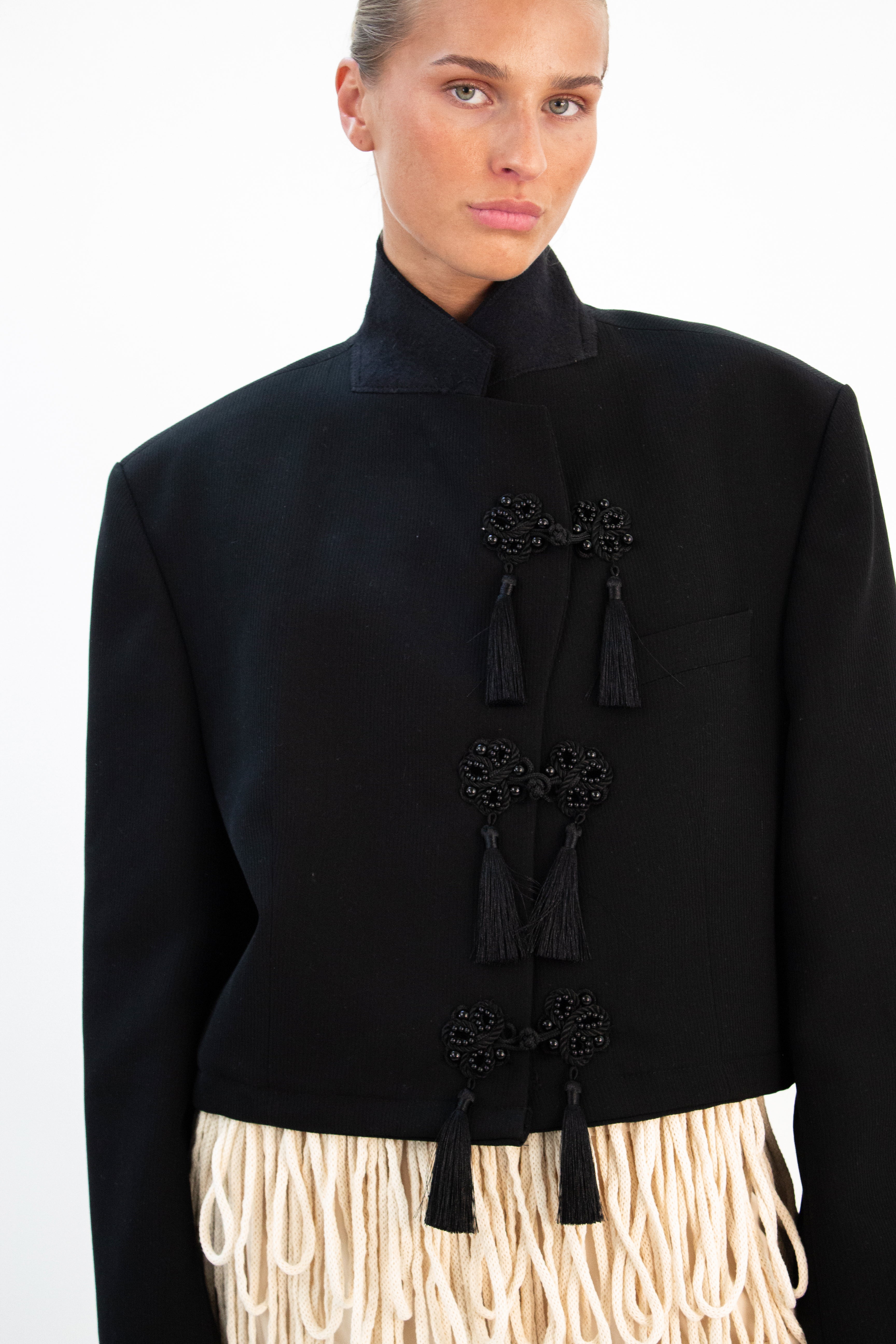 Black crop fringe blazer
