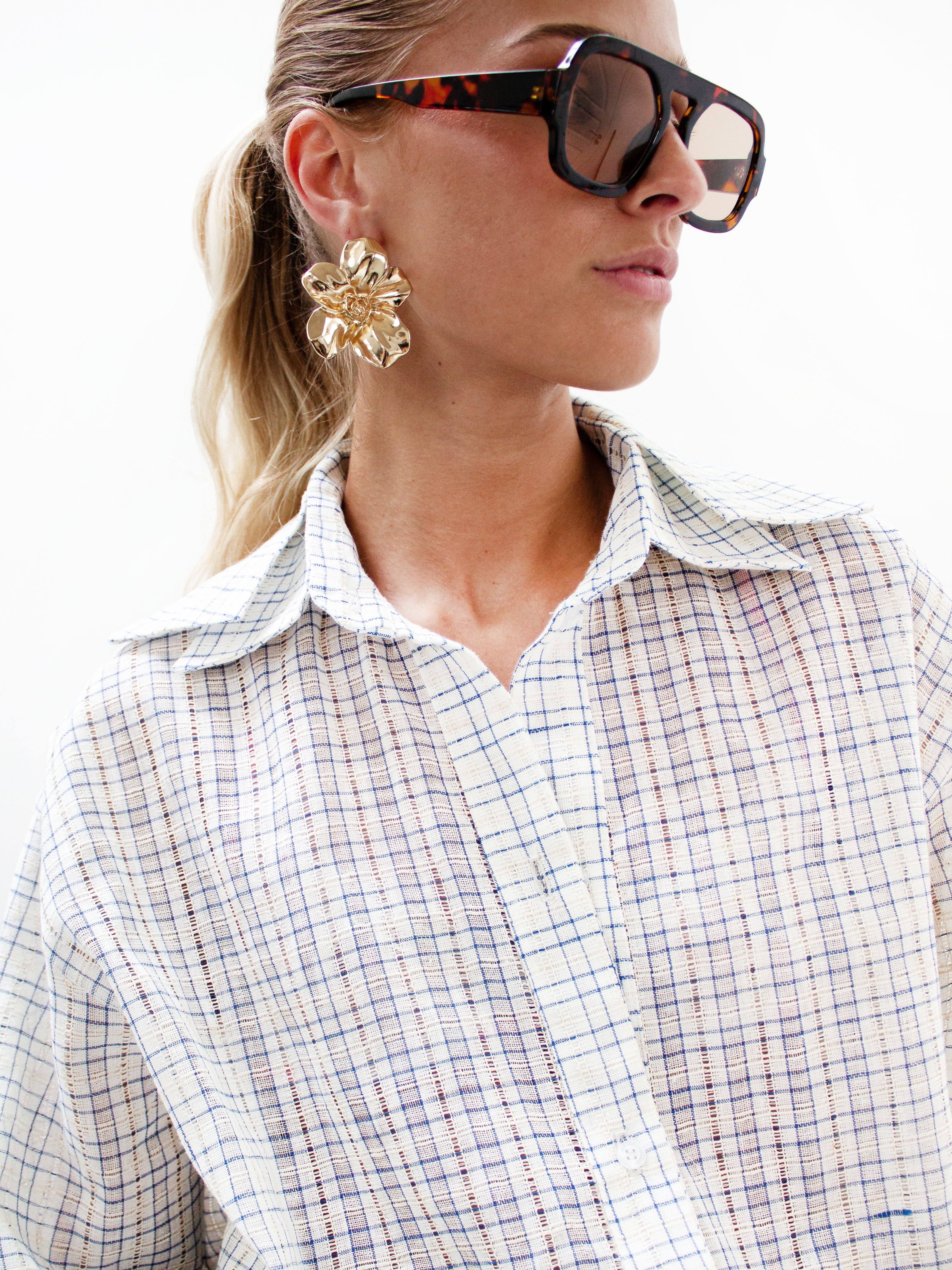 Blue check drawstring shirt