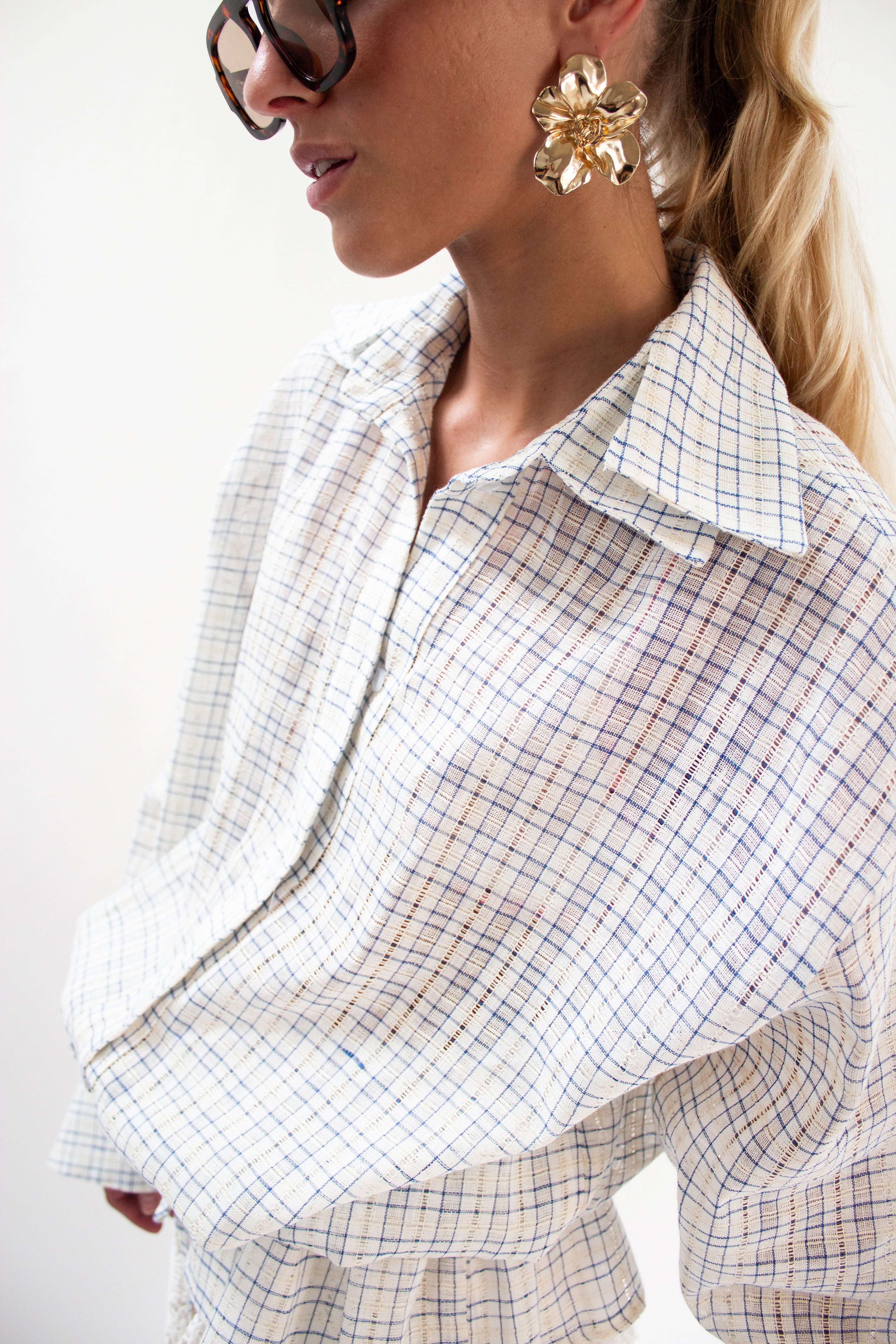 Blue check drawstring shirt