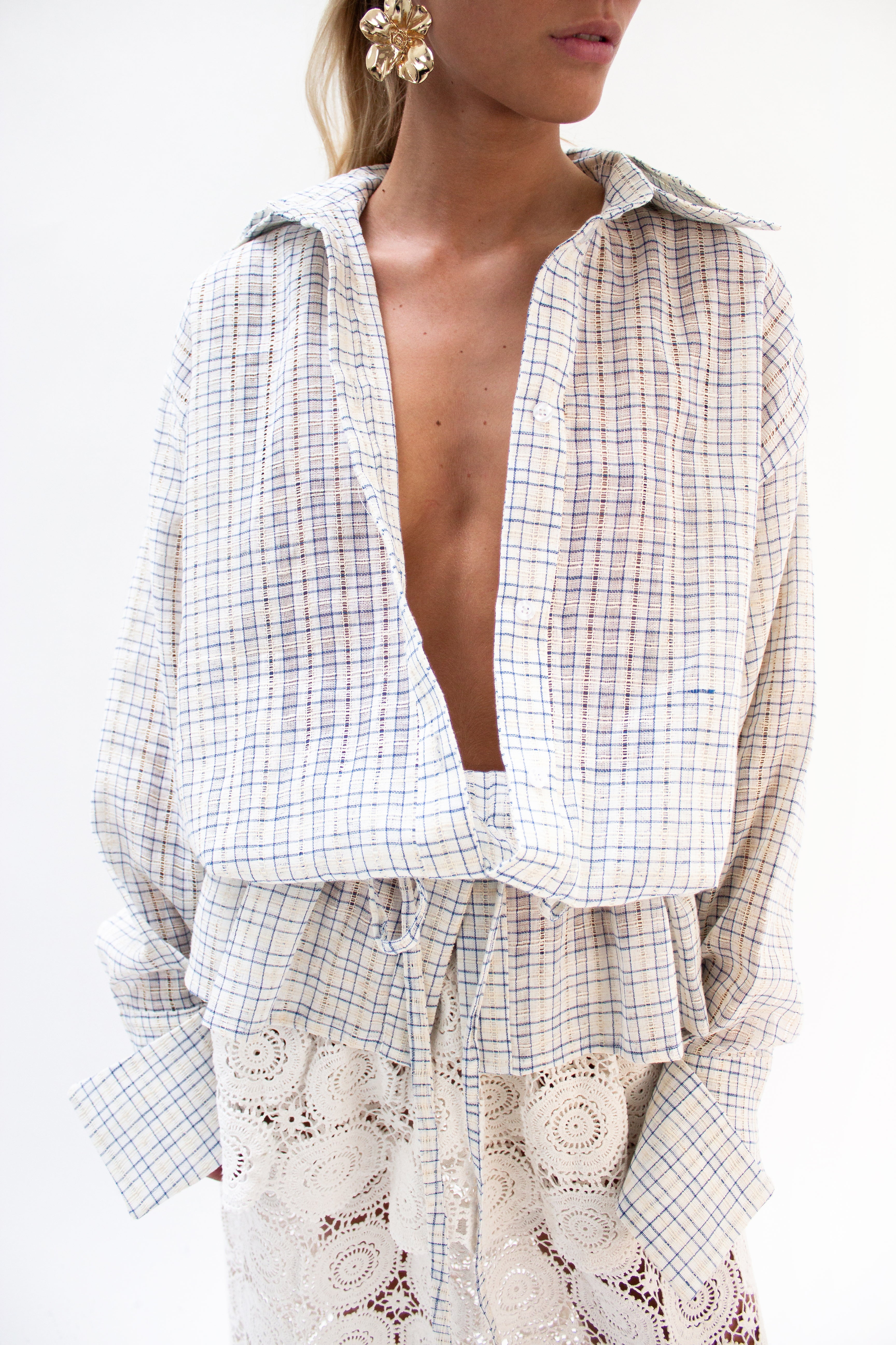 Blue check drawstring shirt