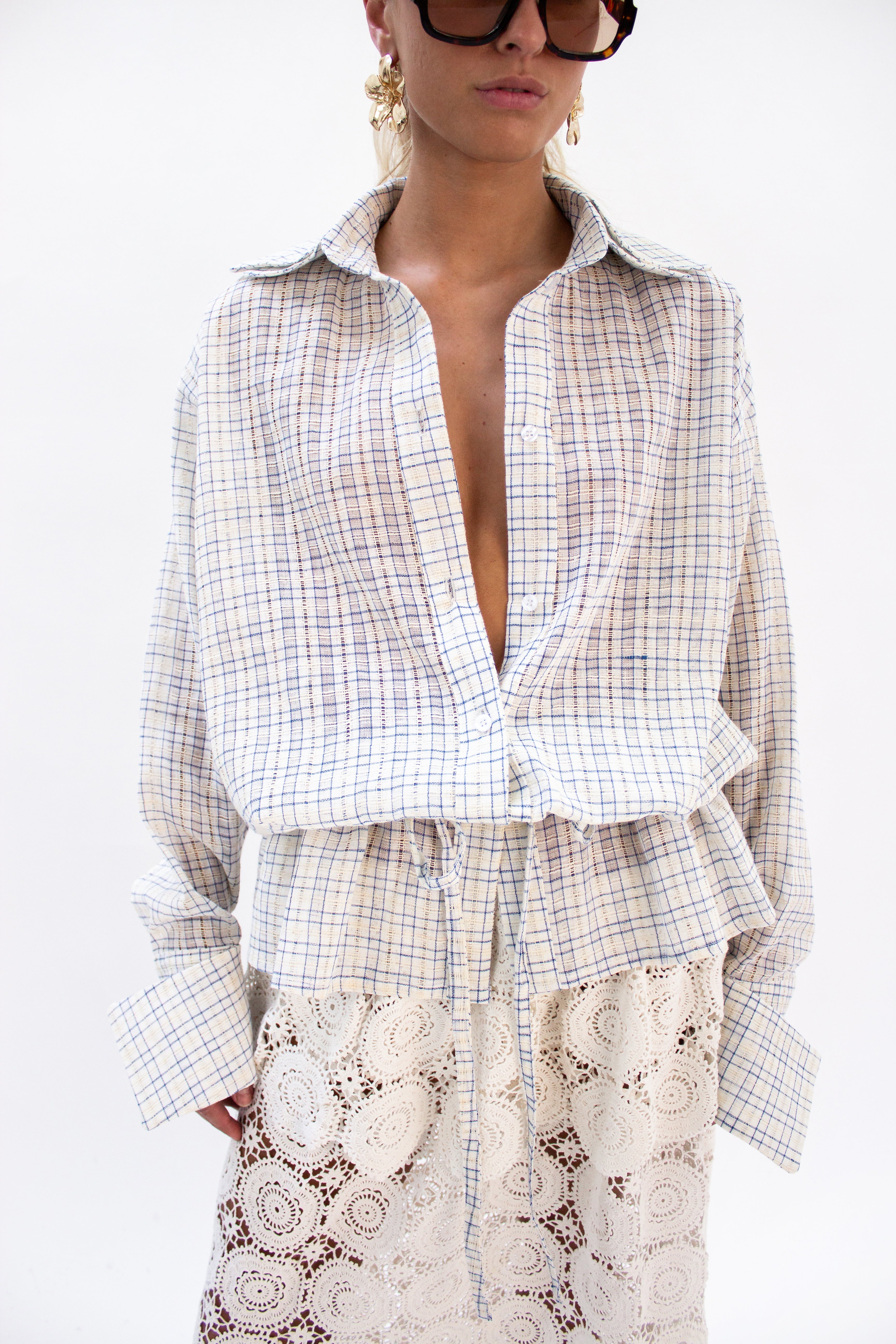 Blue check drawstring shirt