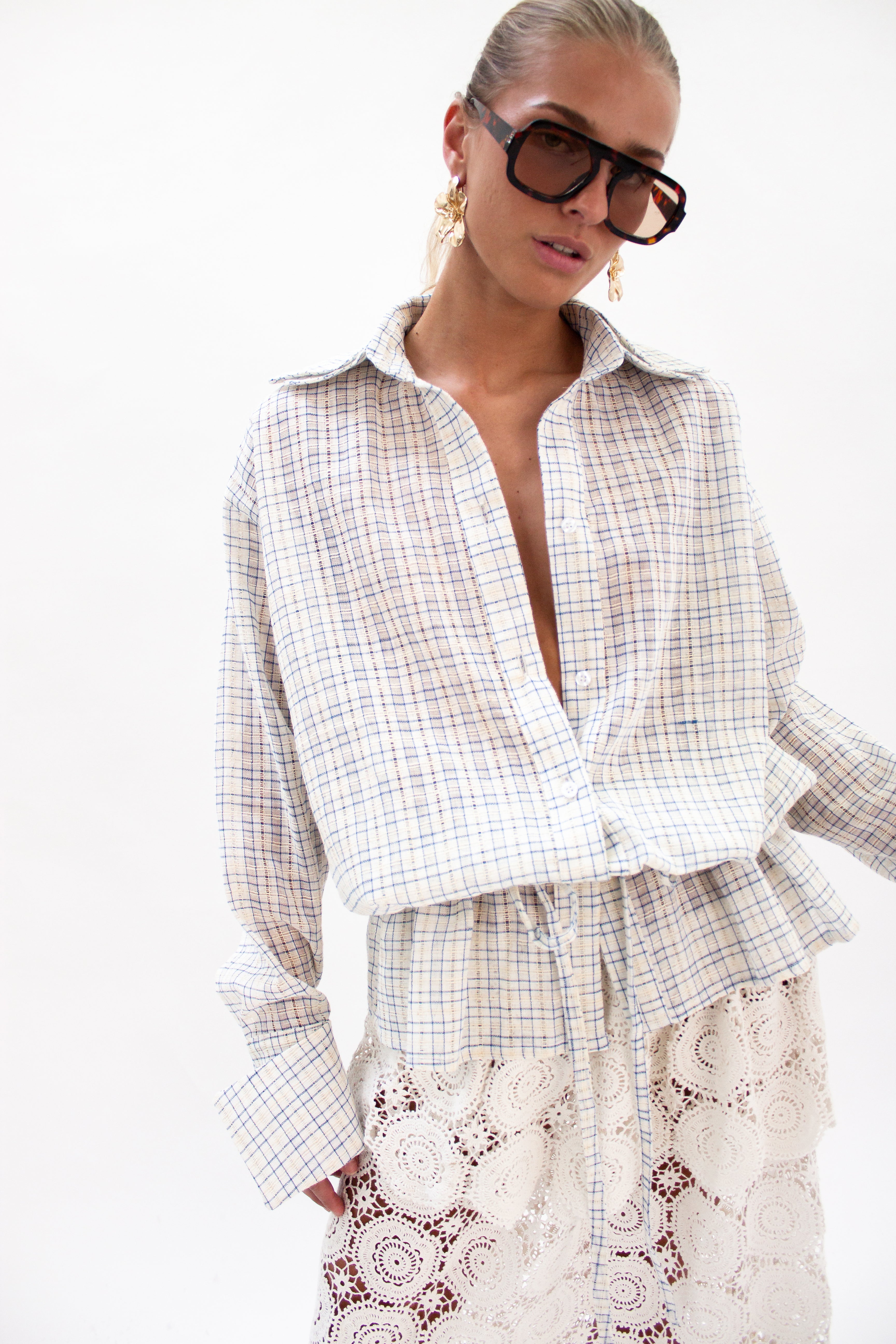 Blue check drawstring shirt